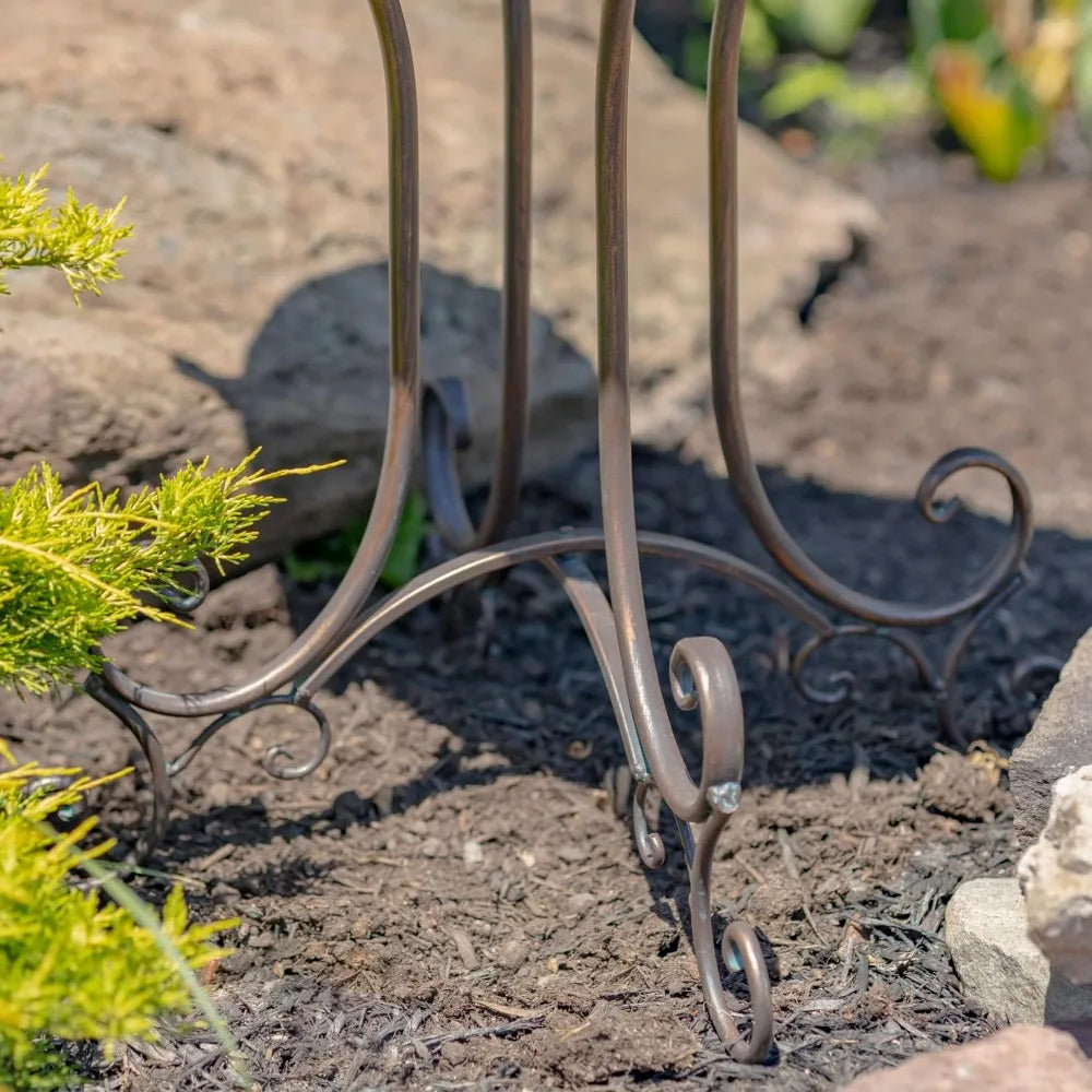Metal Birdbath With Two Cast Iron Birds And Leaf Decoration