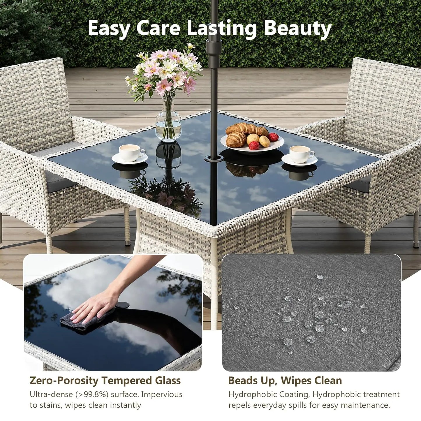 Outdoor Dining Set With Tempered Glass Table And Cushioned Chairs