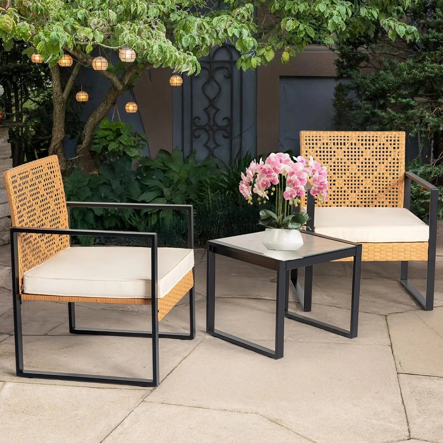 Outdoor Wicker Bistro Set With Glass Table And Two Chairs