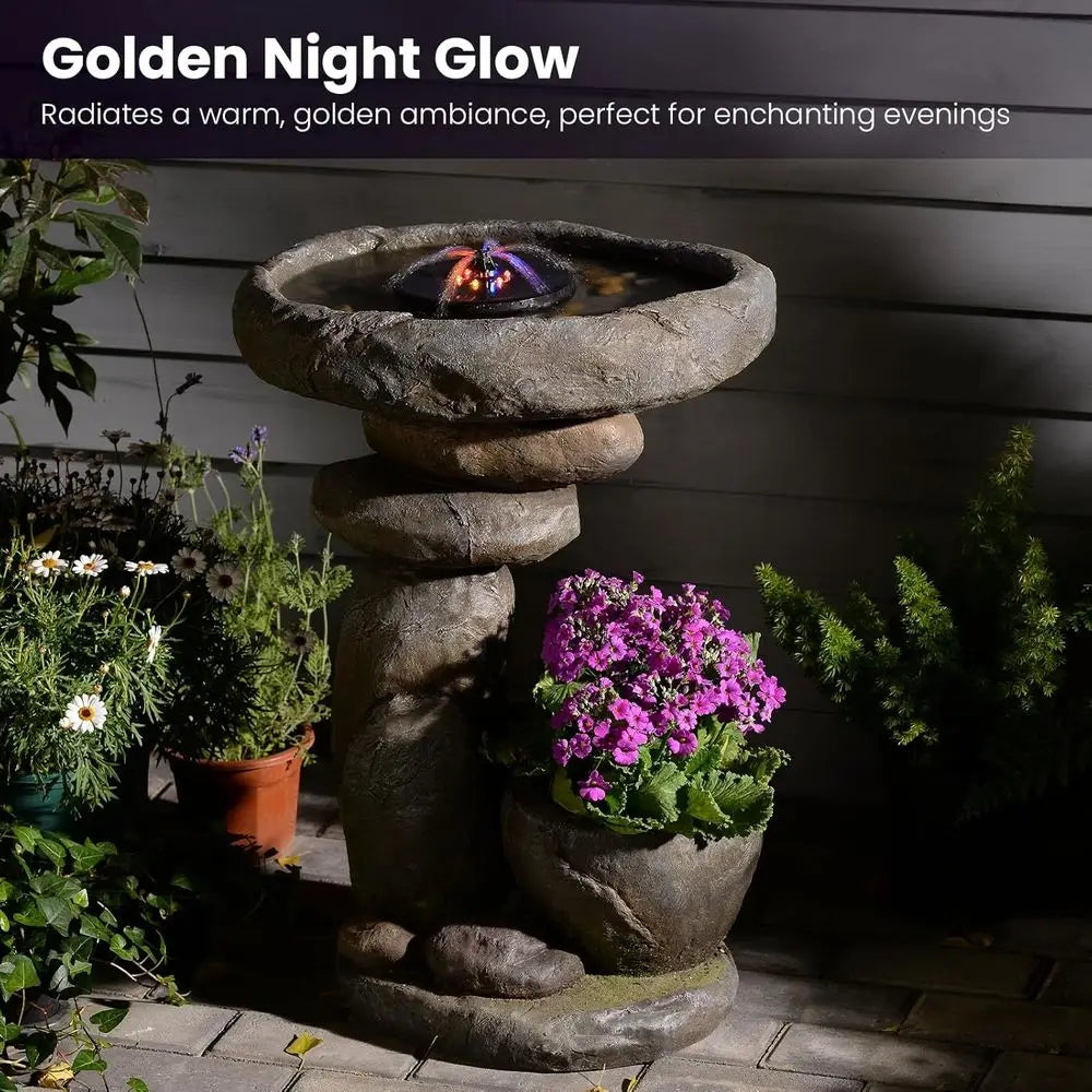 Led Outdoor Water Fountain With Integrated Rock Garden Planter