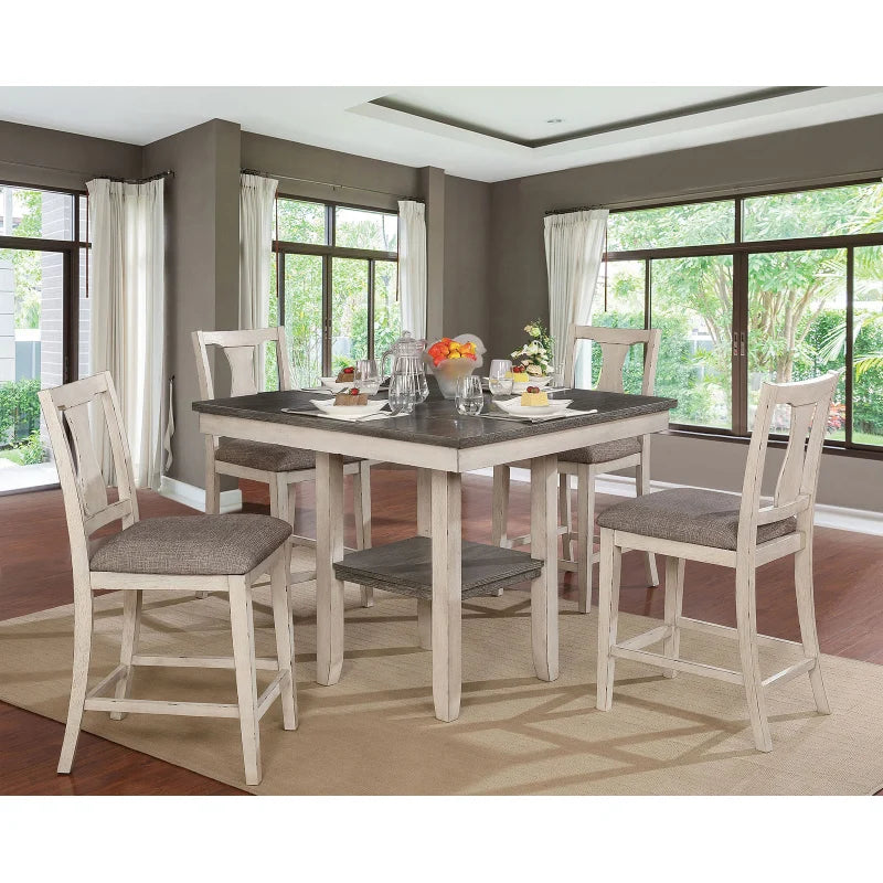Rustic Plank Design Dining Set With Padded Chairs And Shelf