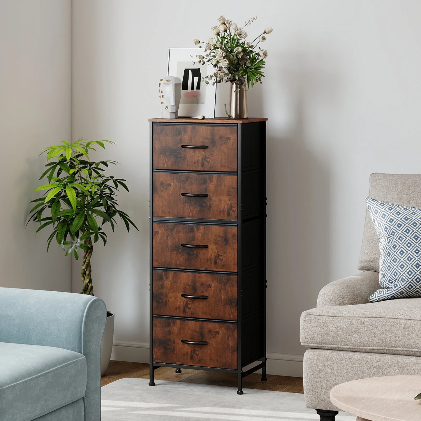JHK Steel Frame Bedroom Dresser With Five Fabric Drawers