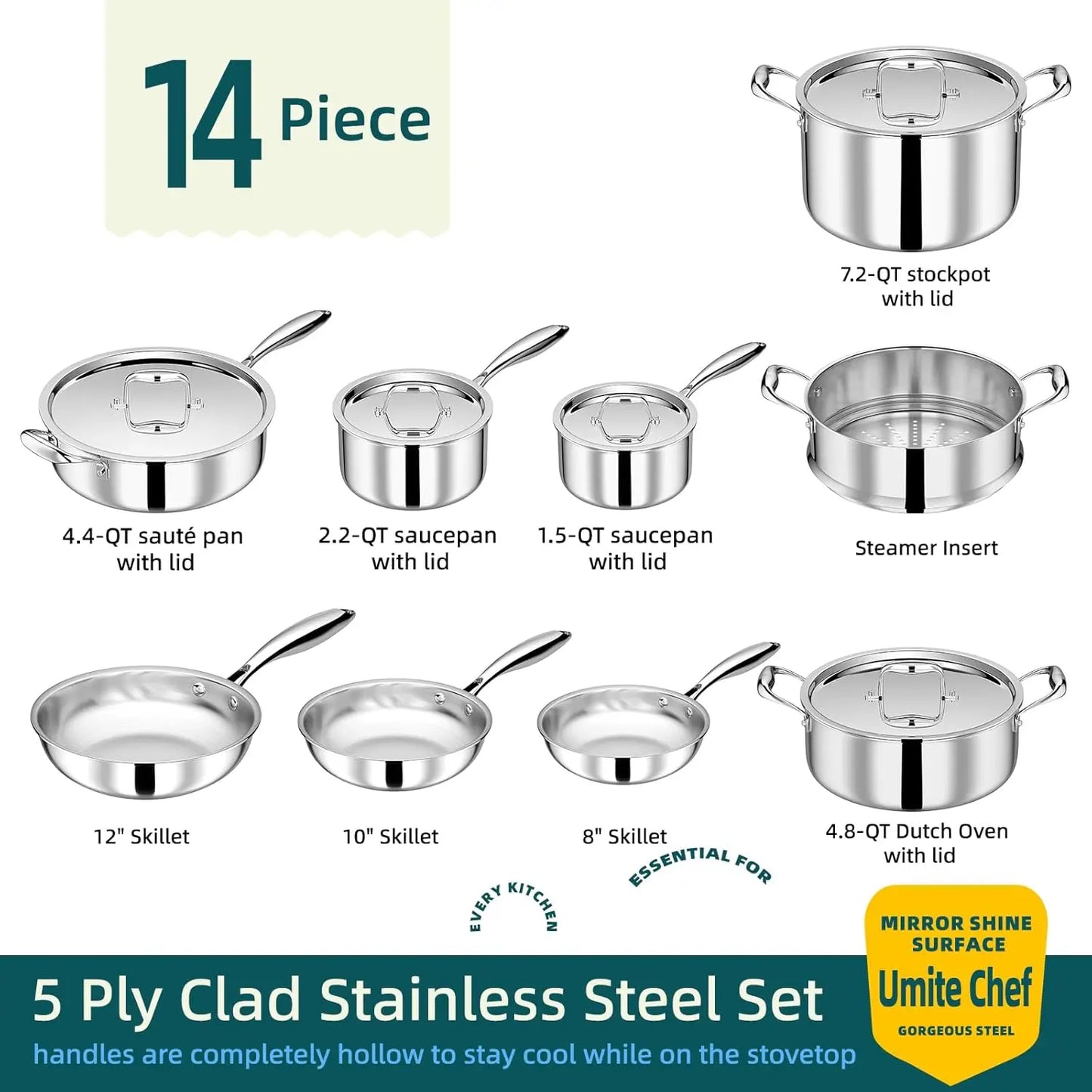 Stainless Steel Cookware Set Induction Compatible Oven Safe