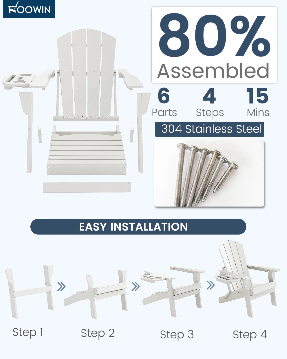 FOOWIN Folding Adirondack Chair Weather Resistant HDPE With Cup Holder