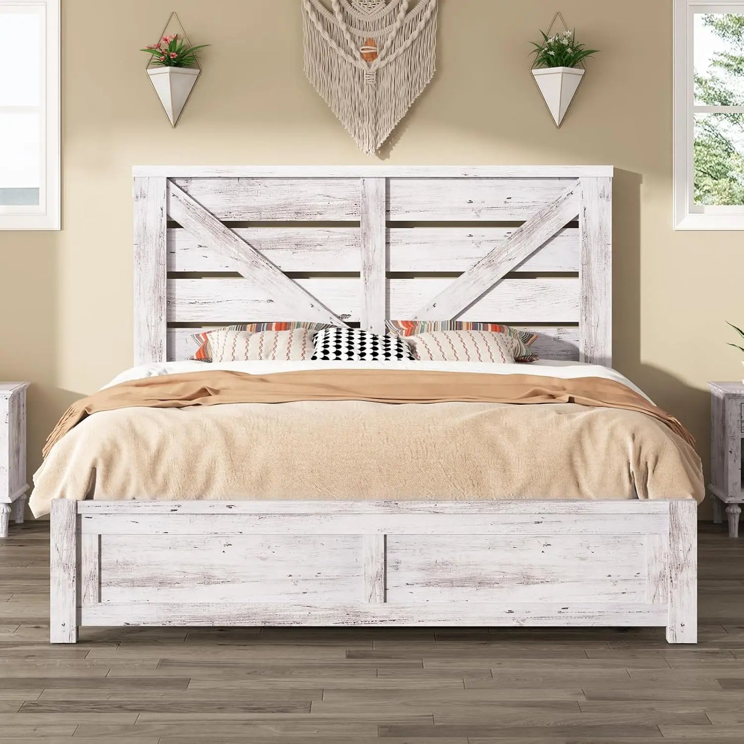 Farmhouse Bed Frame With Barn Door Headboard And Wood Slats