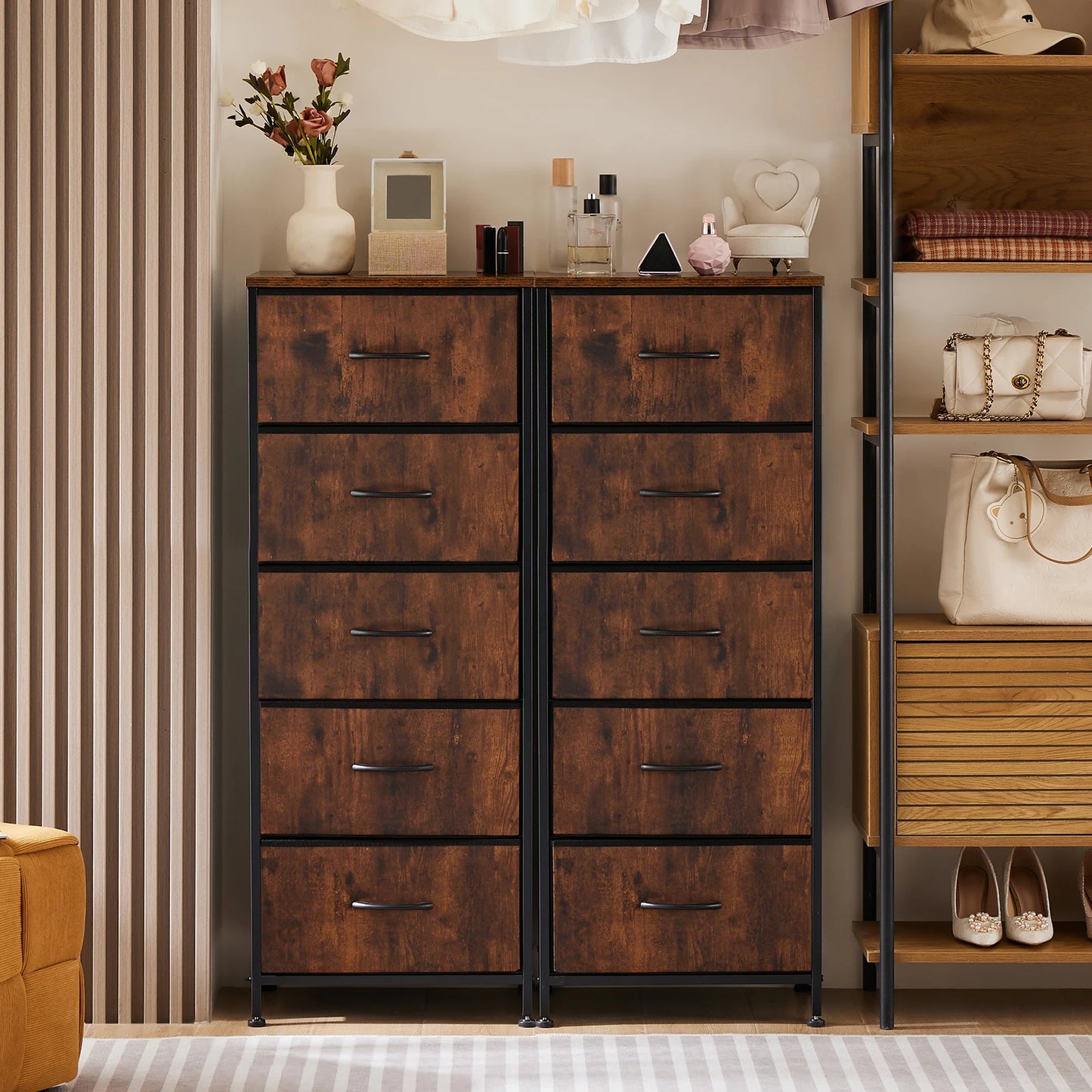 JHK Steel Frame Bedroom Dresser With Five Fabric Drawers