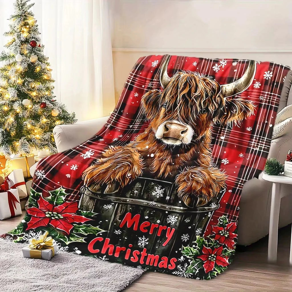 Christmas Highland Cow Snowflake Flannel Blanket Cozy Gift