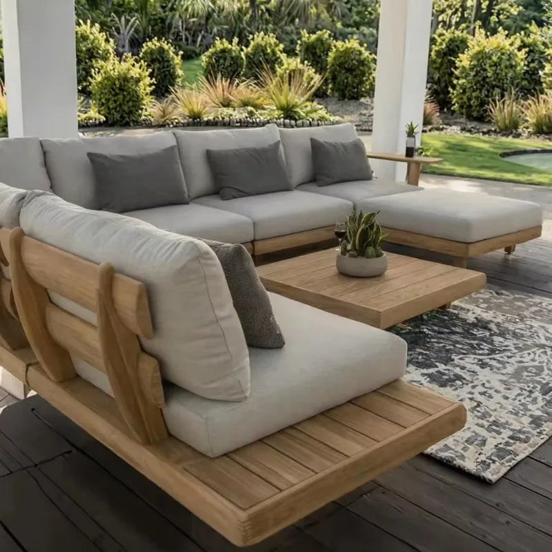Outdoor Solid Teak Sofa Set with Waterproof Cushions for Patio