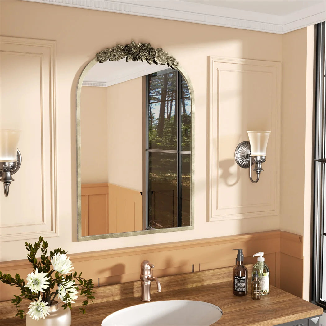 LUVODI Arched Antique Brass Wall Mirror With Resin Rose Pattern