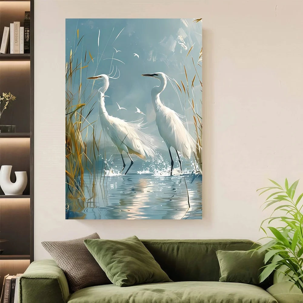 Framed Canvas Wall Art Egret Fishing Scene With Jumping Fish