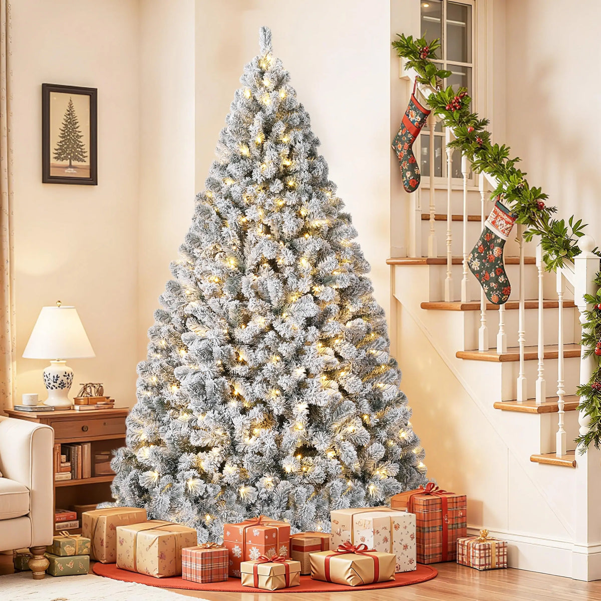 Flocked Prelit Christmas Tree With LED Lights And Metal Stand