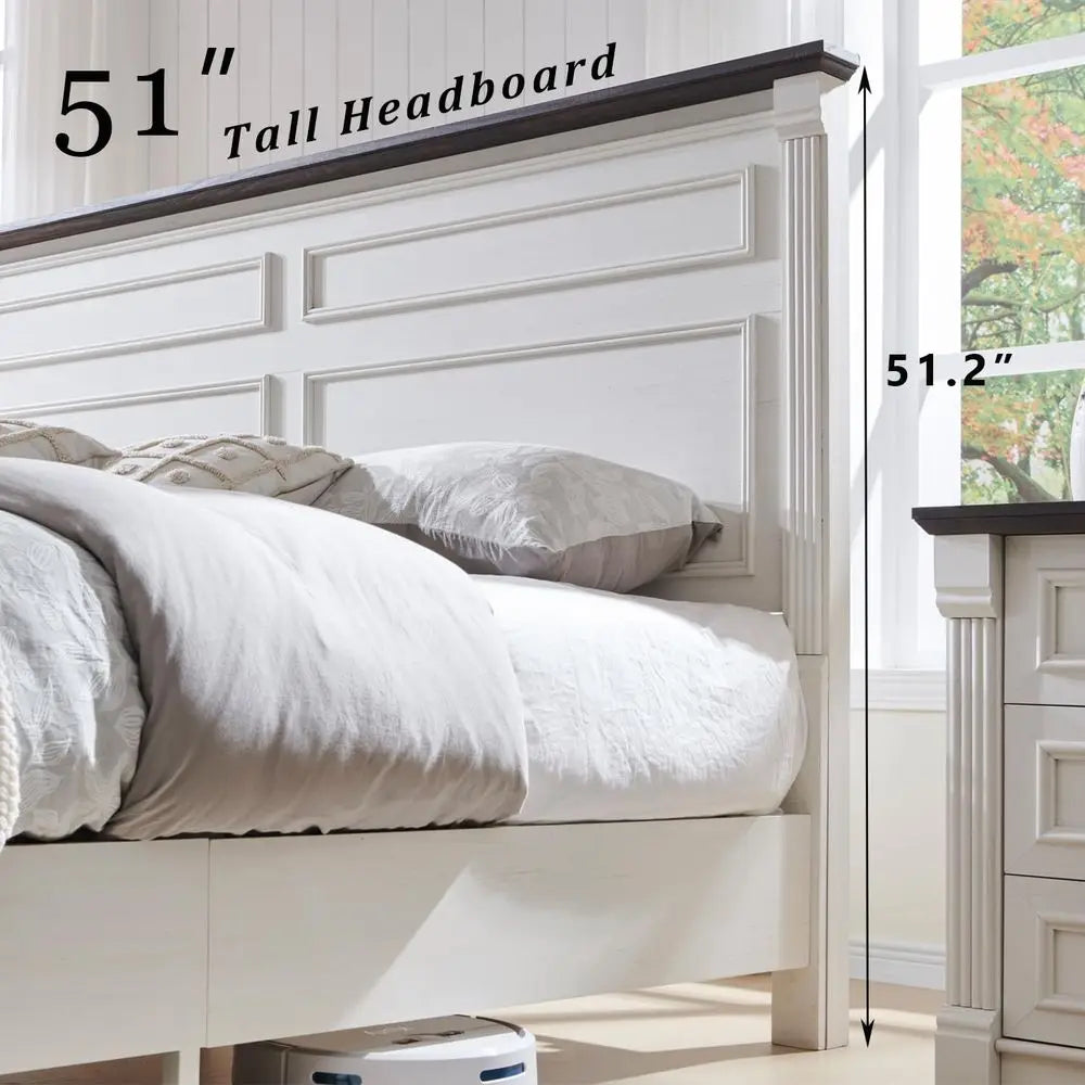 Farmhouse Bed Frame With Tall Headboard And Roman Column Footboard