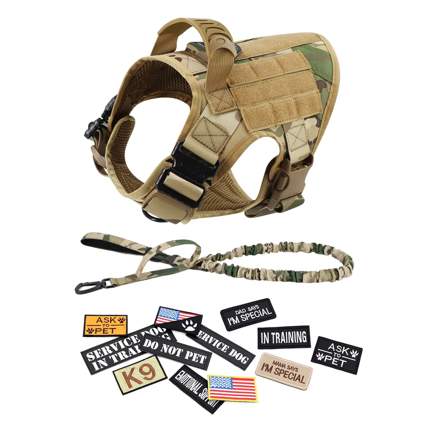 Military Large Dog Harness Set With Patches And Leash Accessories