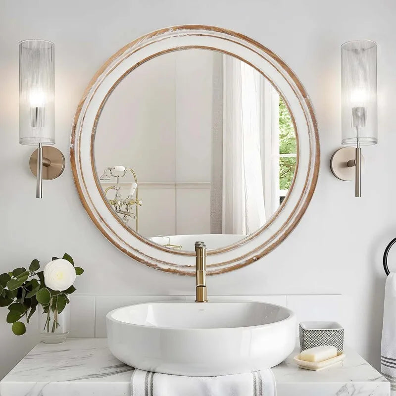 Round Wall Mirror Farmhouse Wood Circle For Bathroom And Hallway