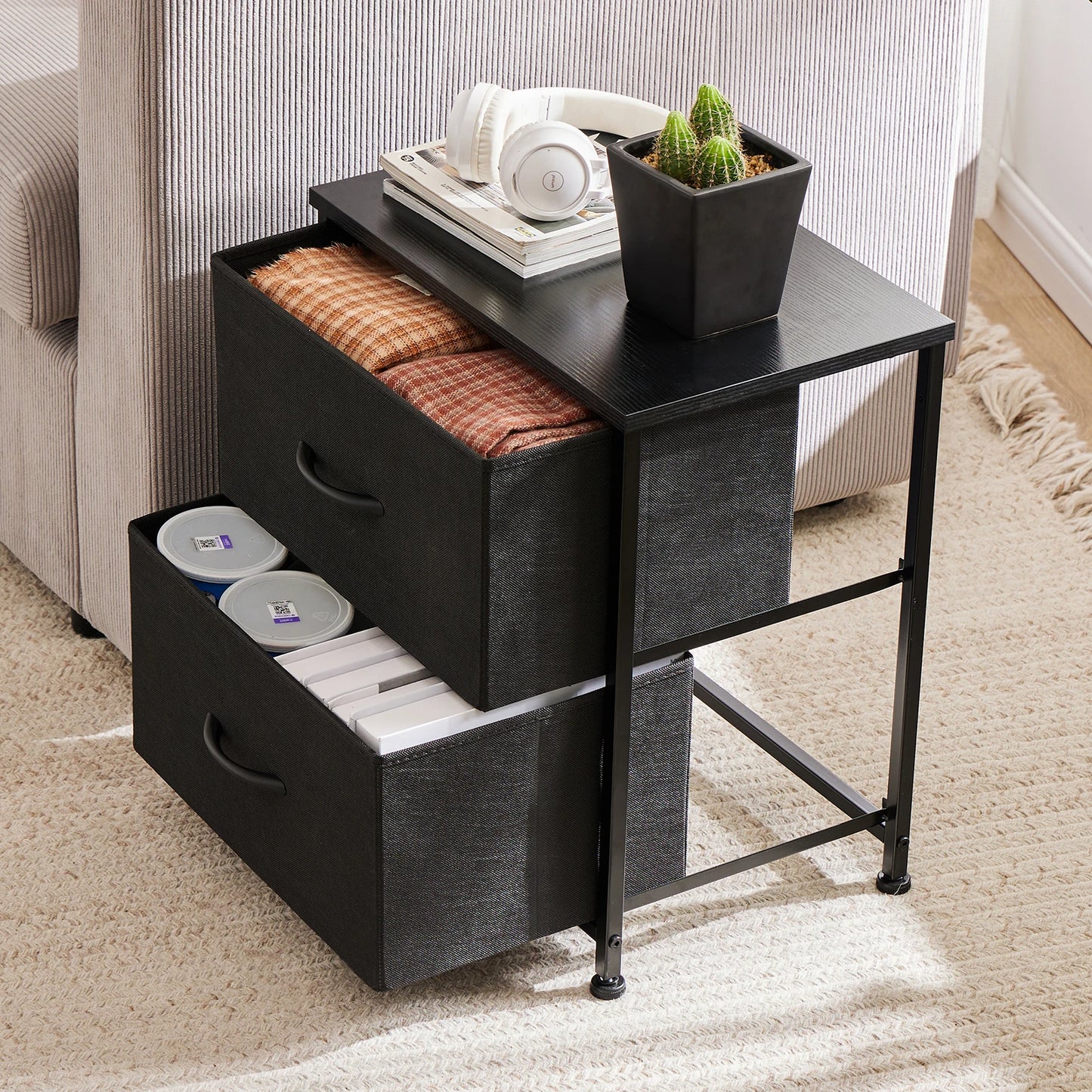 JHK Modern Nightstand With Dual Fabric Drawers And Metal Frame