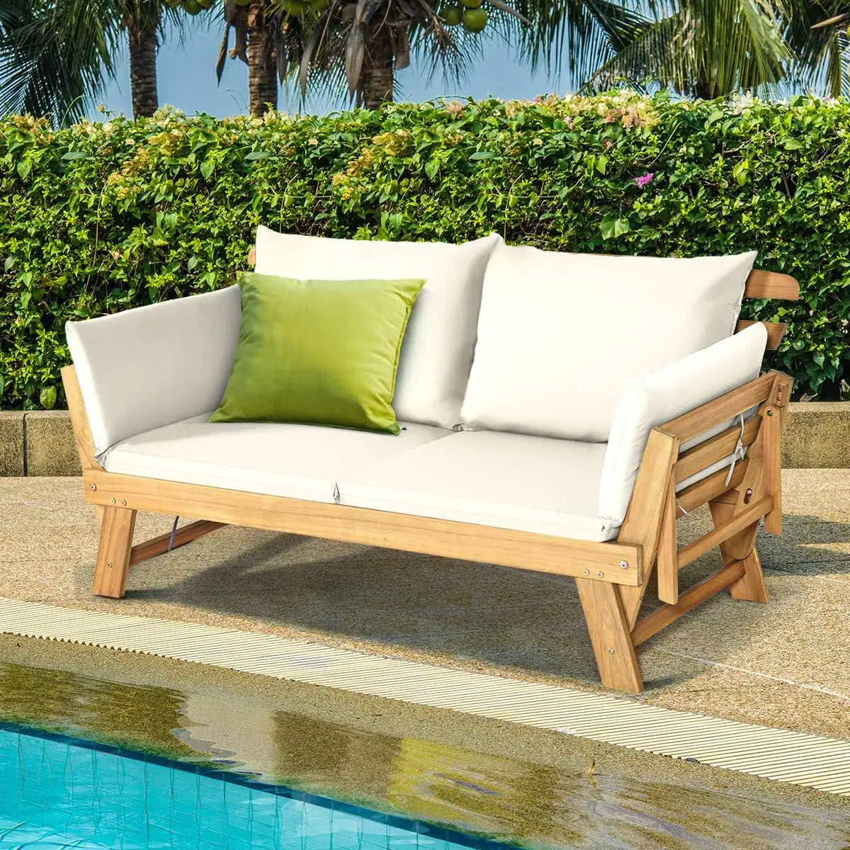 Convertible Acacia Wood Outdoor Sofa Bed With Adjustable Armrest