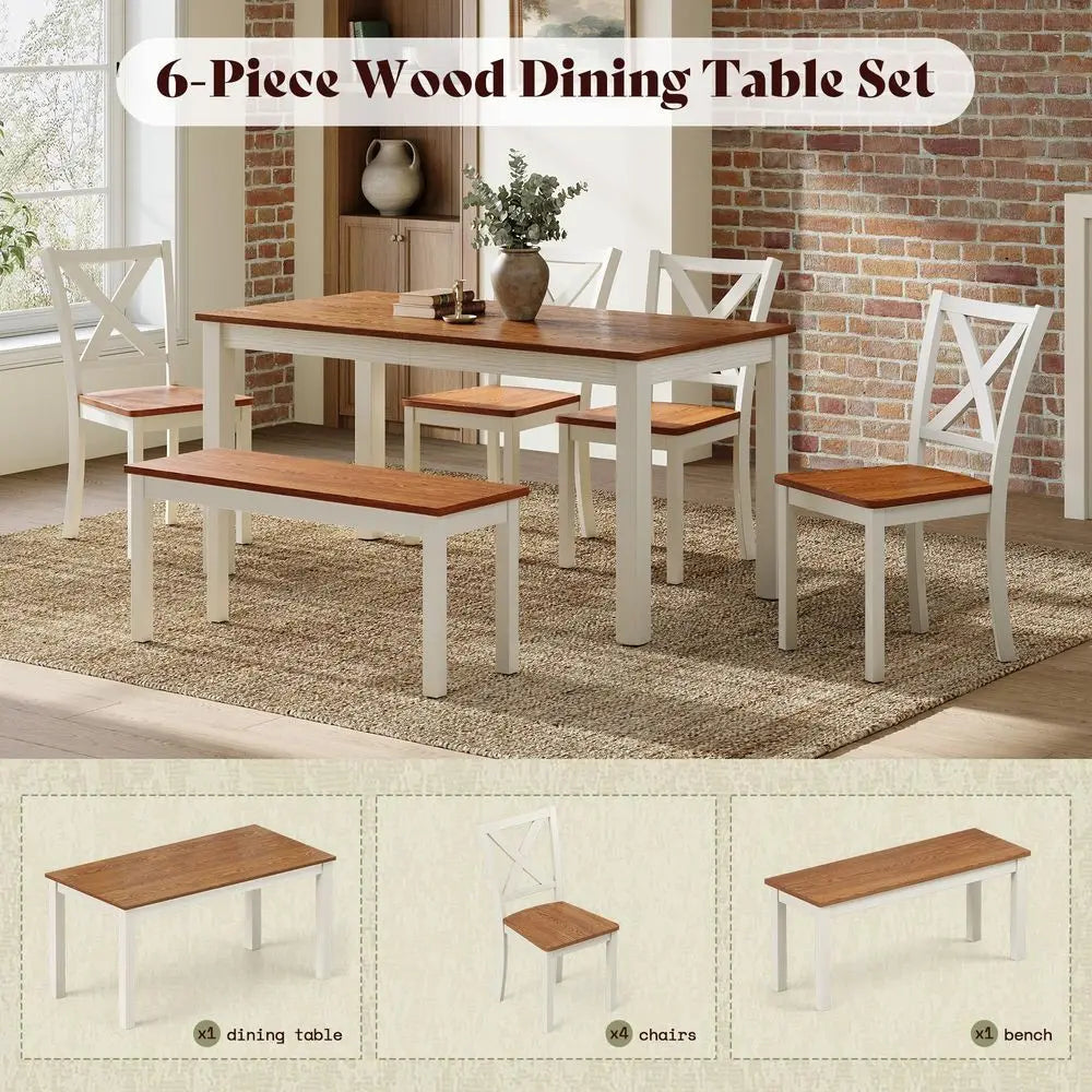 Farmhouse Dining Table Set 6 Piece With Chairs And Bench