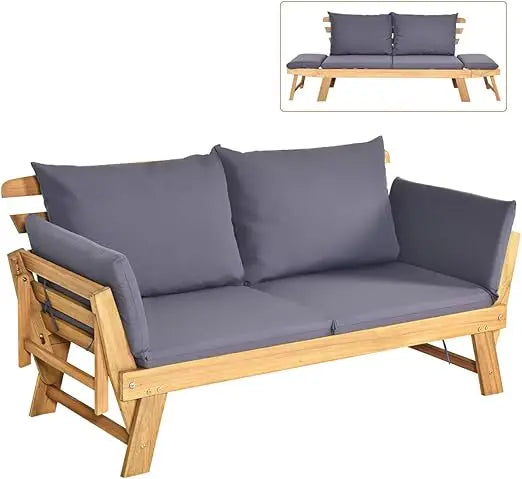 Convertible Acacia Wood Outdoor Sofa Bed With Adjustable Armrest