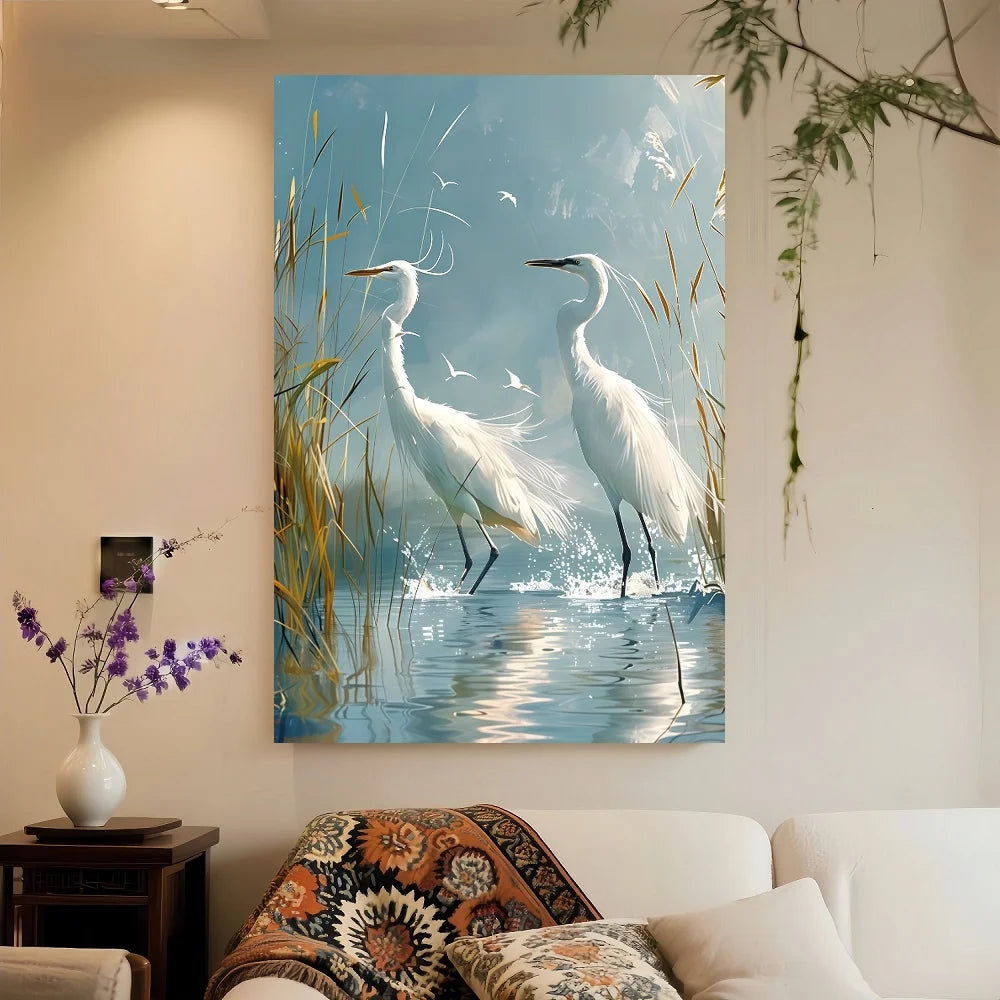 Framed Canvas Wall Art Egret Fishing Scene With Jumping Fish