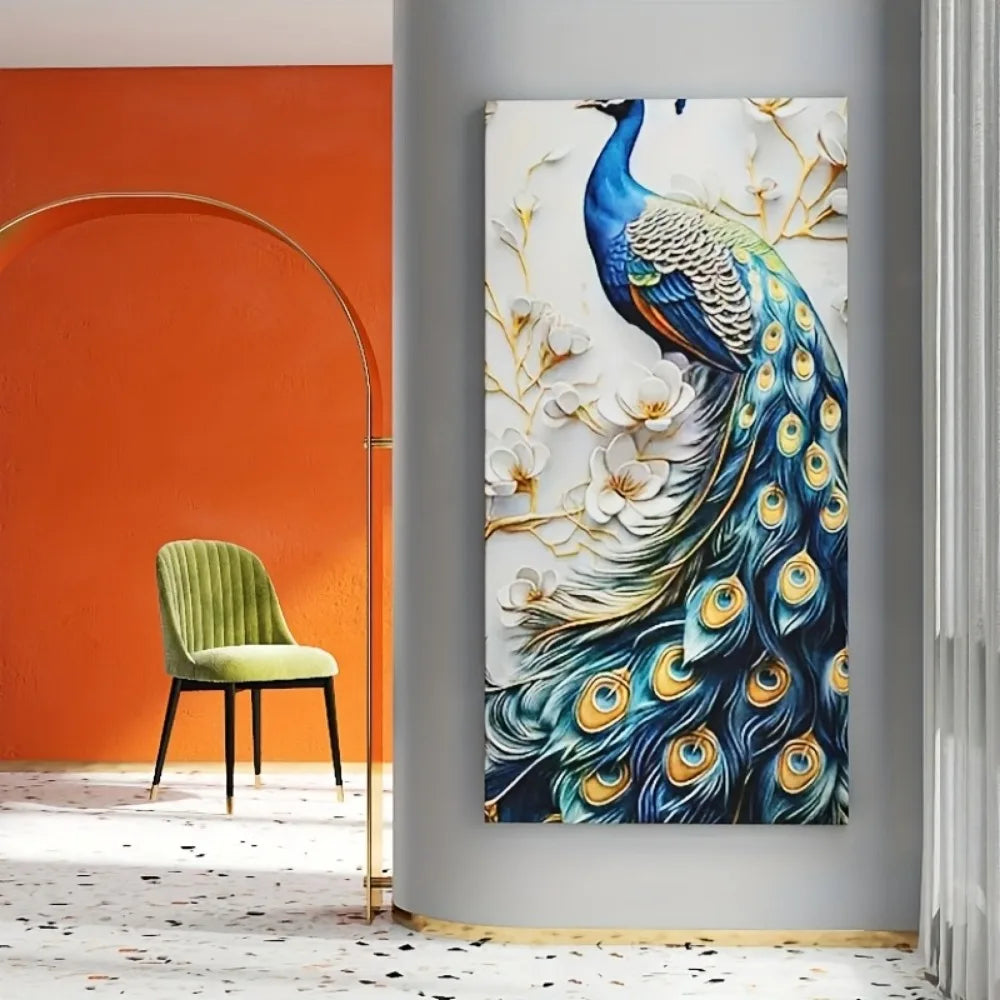 Modern Abstract Peacock Canvas Wall Art In Solid Wood Frame