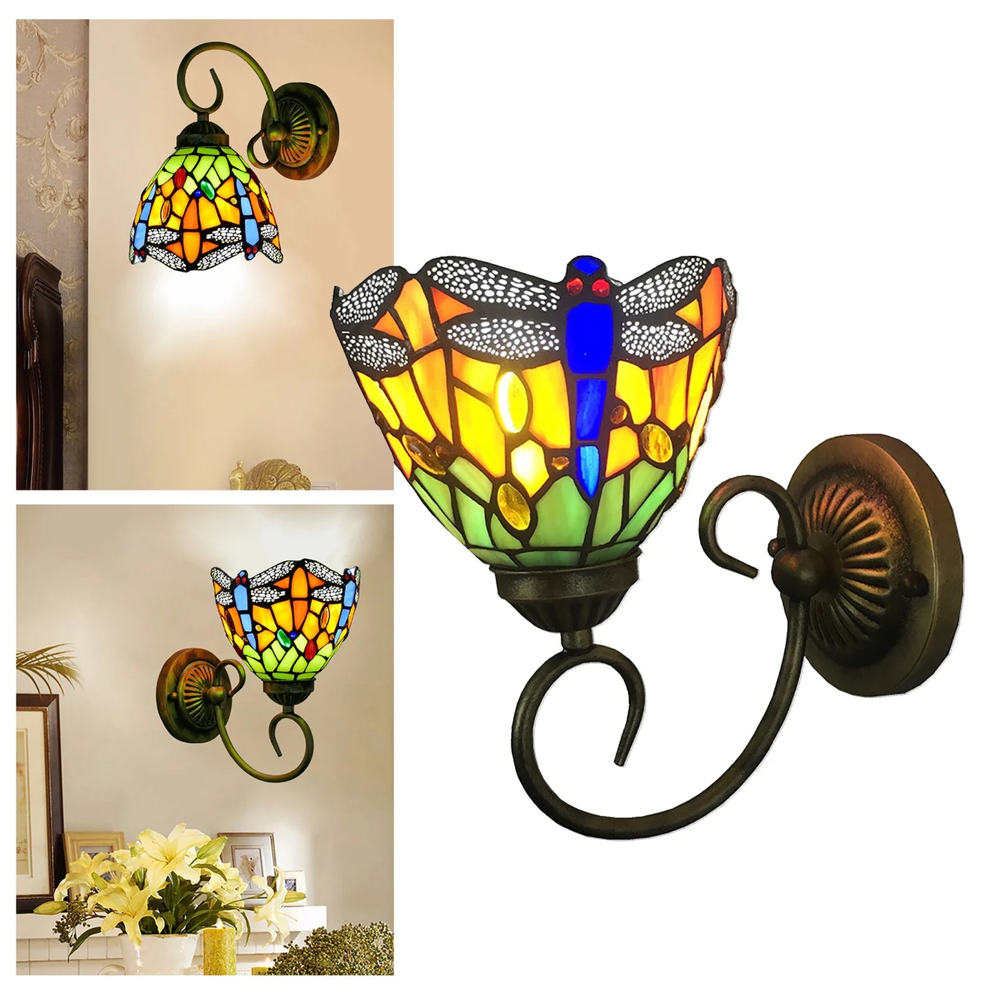Stained Glass Dragonfly Wall Light With E27 Bulb Holder