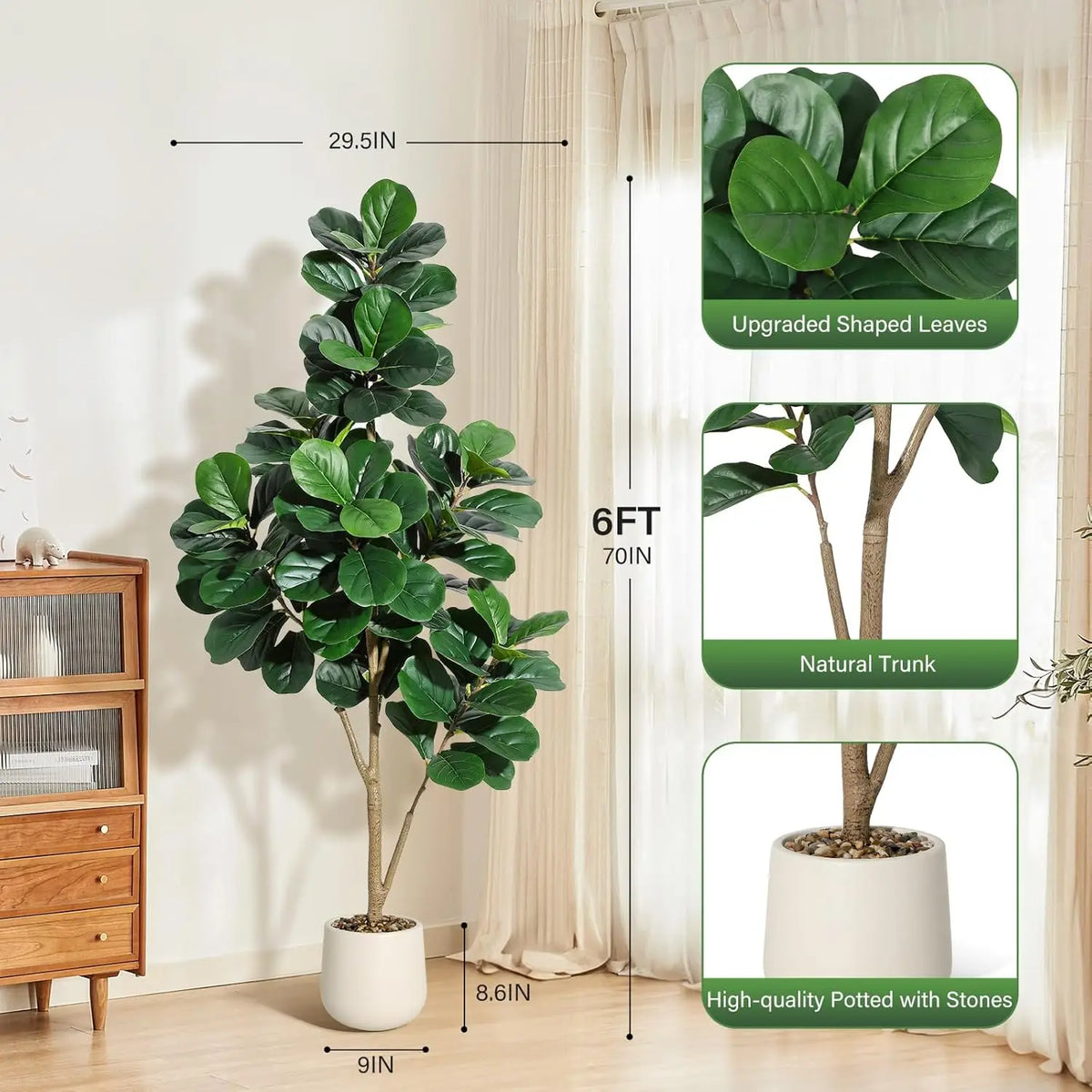 HiMiss Artificial Fiddle Leaf Fig Floor Tree With Planter