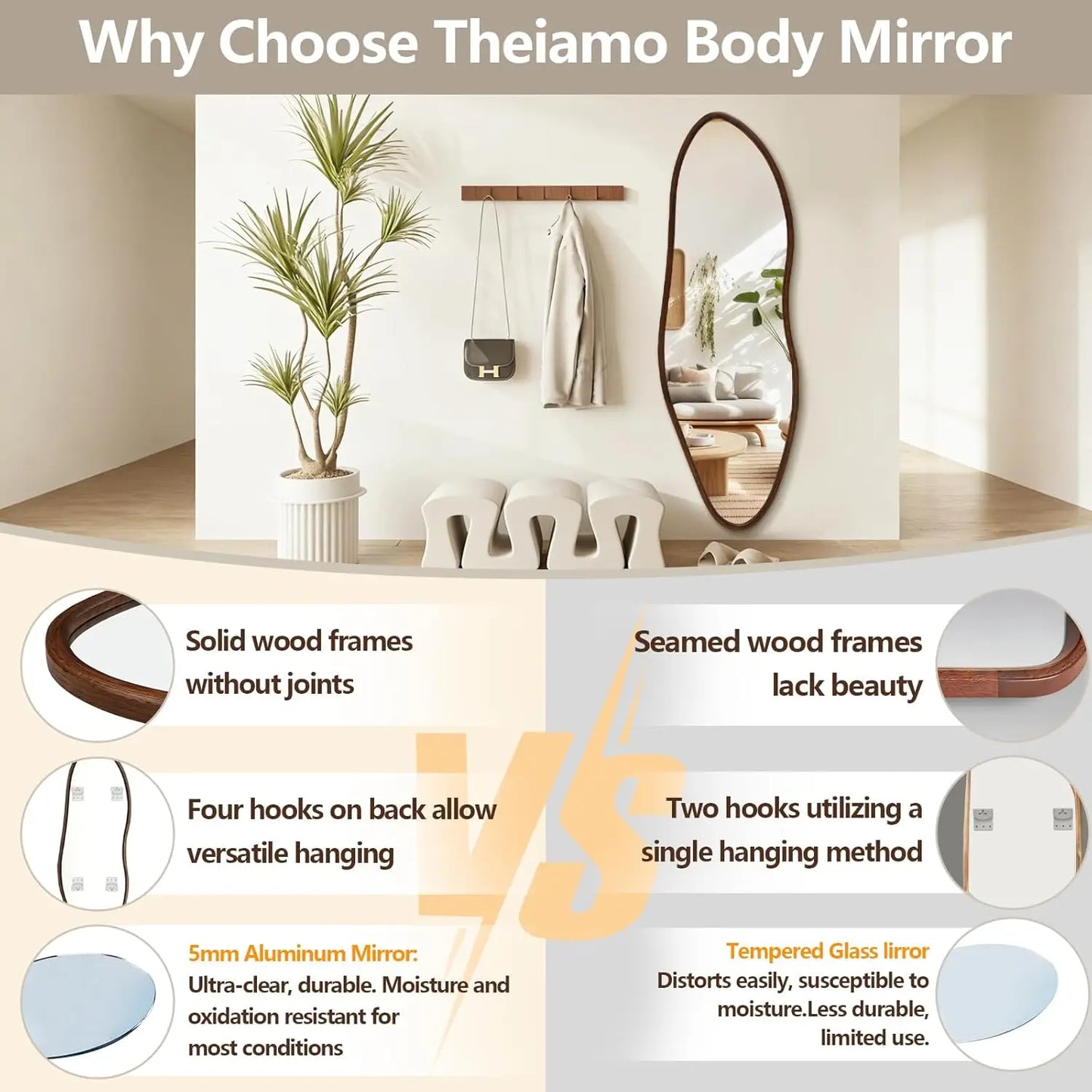 Irregular Wooden Mirror Farmhouse Asymmetrical Wall Mirror