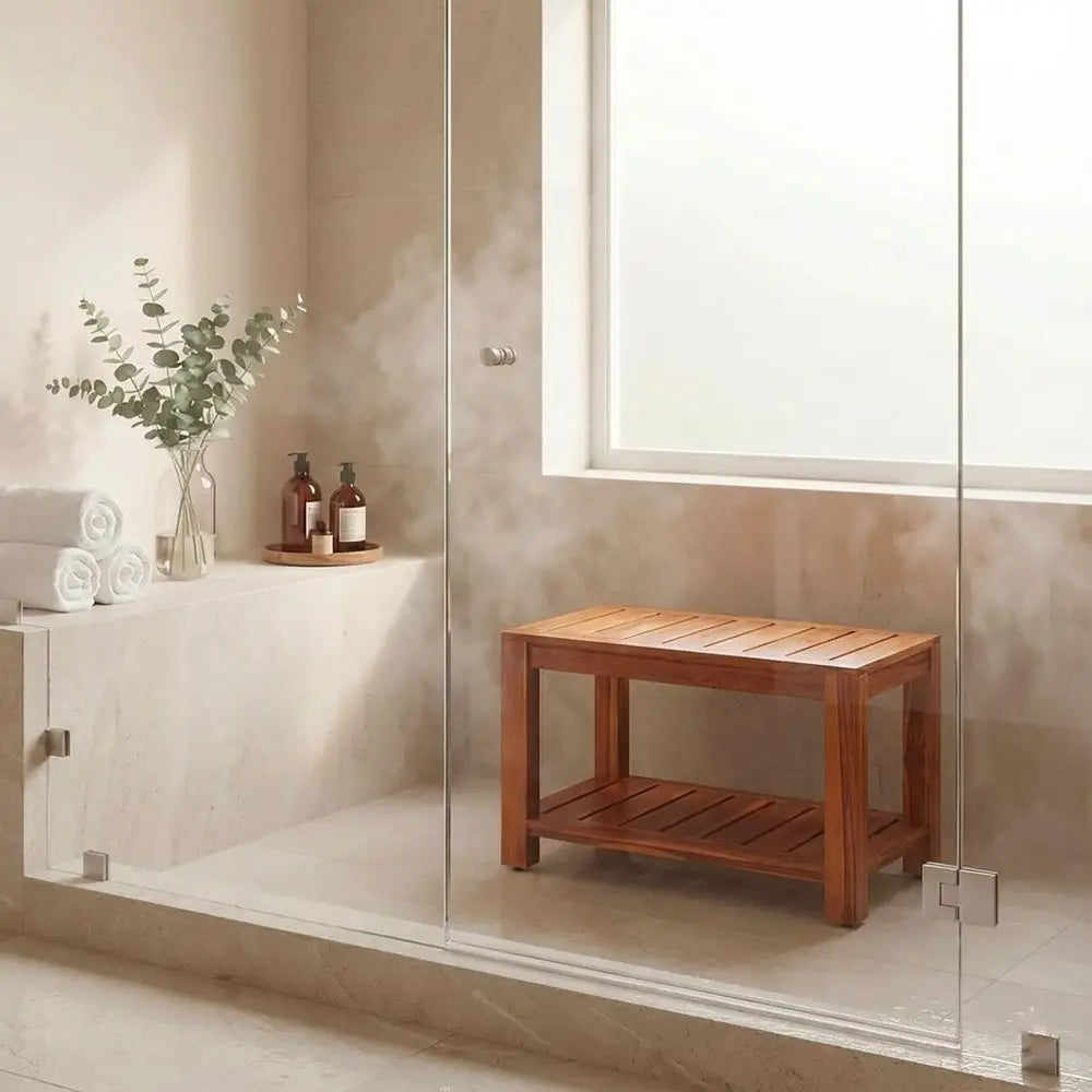 Teak Shower Bench With Shelf