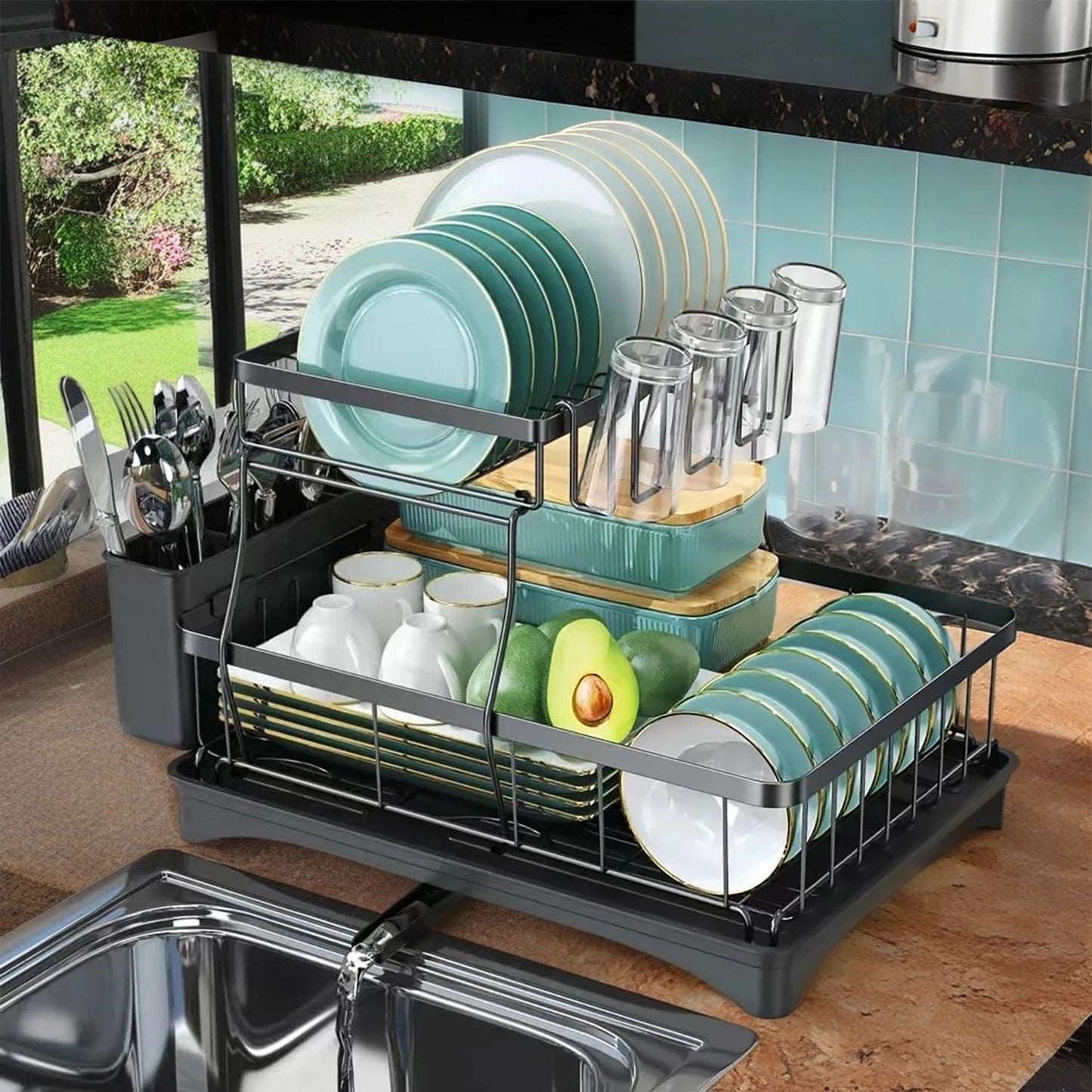 Two-Tier Dish Drying Rack For Kitchen Countertops Removable Large Capacity
