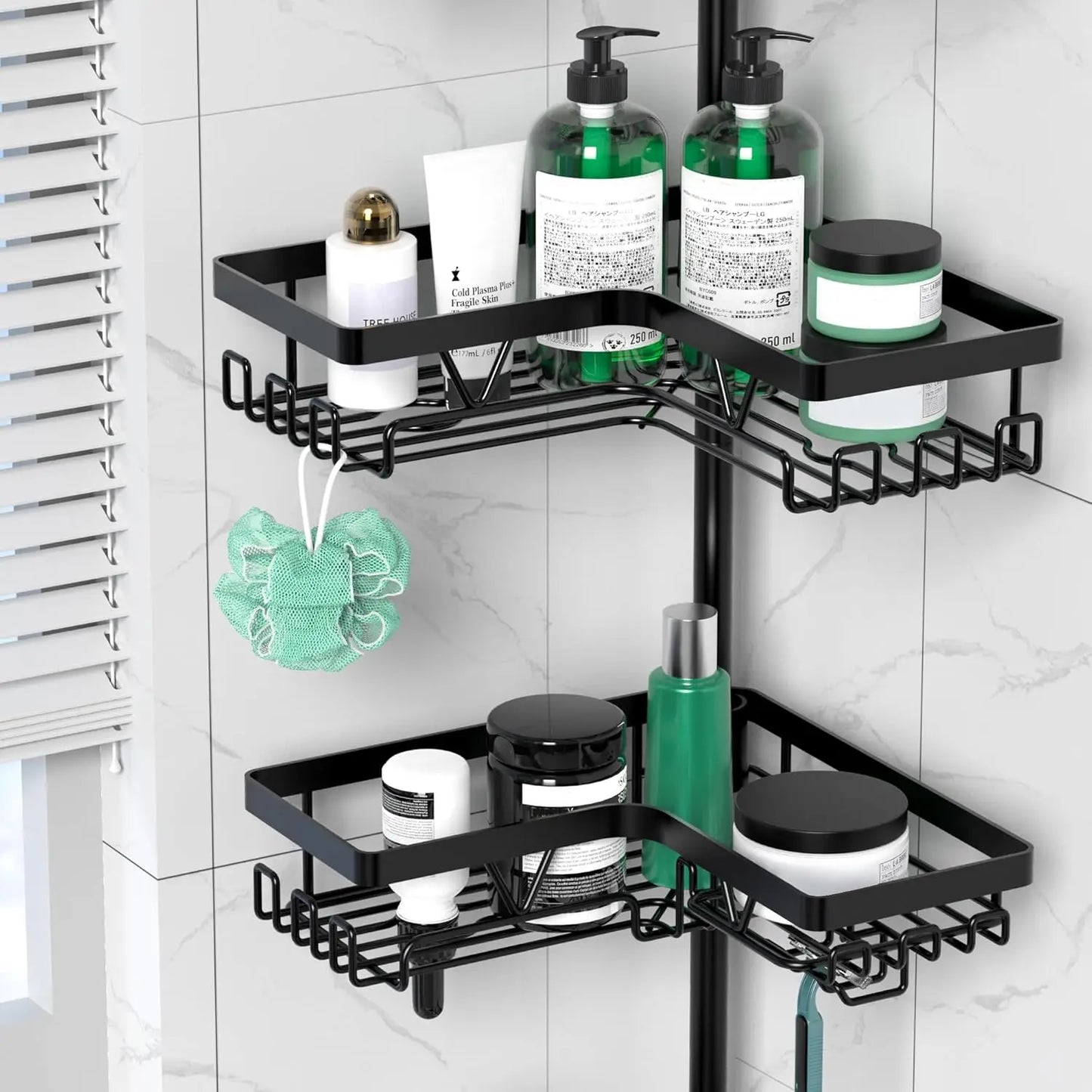 Stainless Steel 4-Tier Shower Caddy Tension Pole For Bathroom