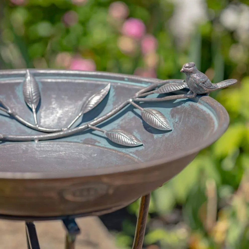 Metal Birdbath With Two Cast Iron Birds And Leaf Decoration
