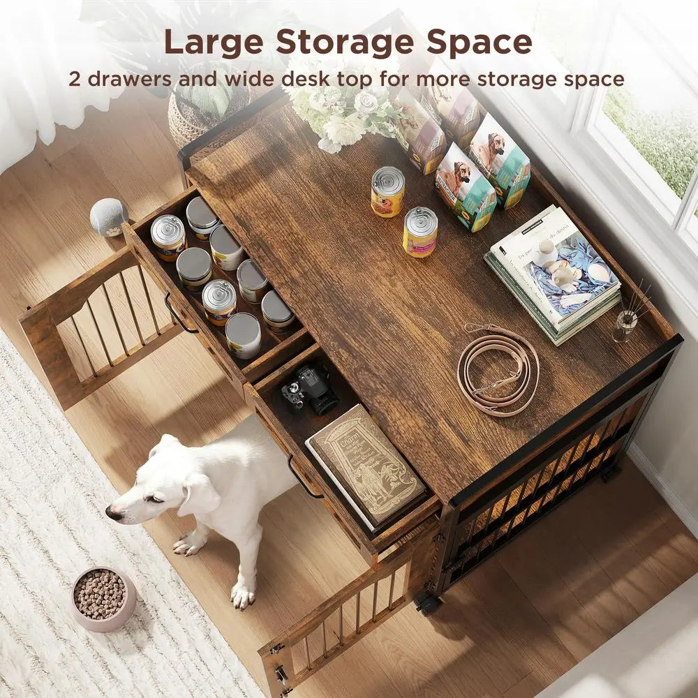 Wooden Dog Crate Furniture Kennel With Two Storage Drawers
