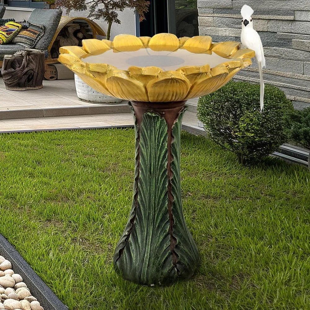 Concrete Outdoor Bird Bath With Sunflower Bowl And Leaf Pedestal