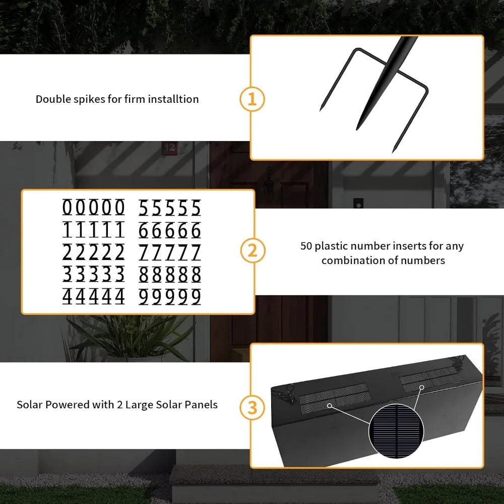 Solar Address Sign With 50 Customizable Numbers LED Lighting Weatherproof Metal