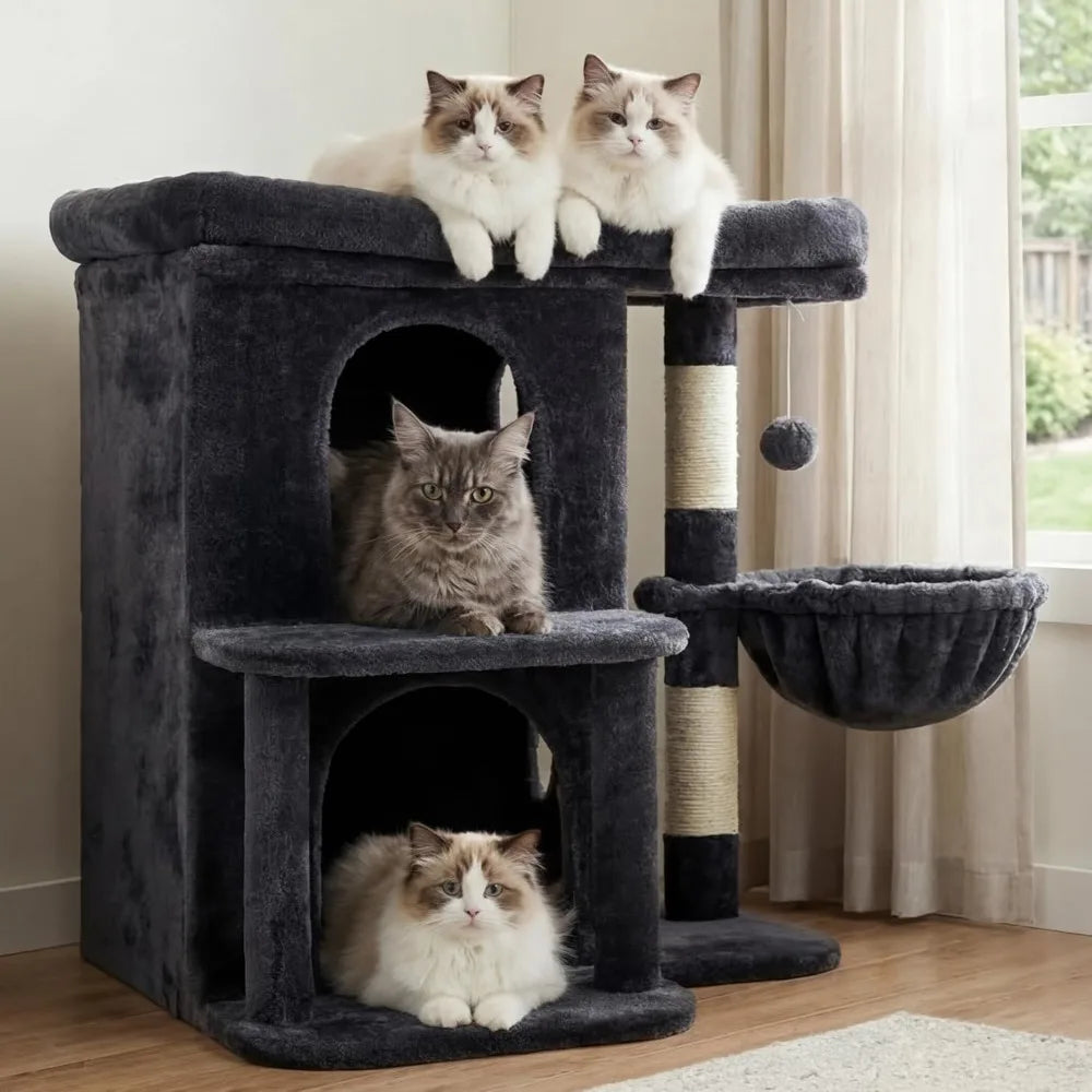 NBVCX Cat Tree With Dual Condos, Sisal Posts, Cozy Basket