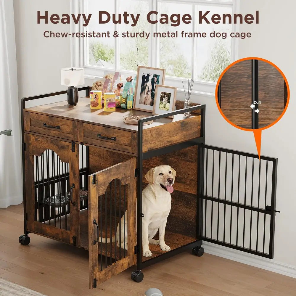 Wooden Dog Crate Furniture Kennel With Two Storage Drawers