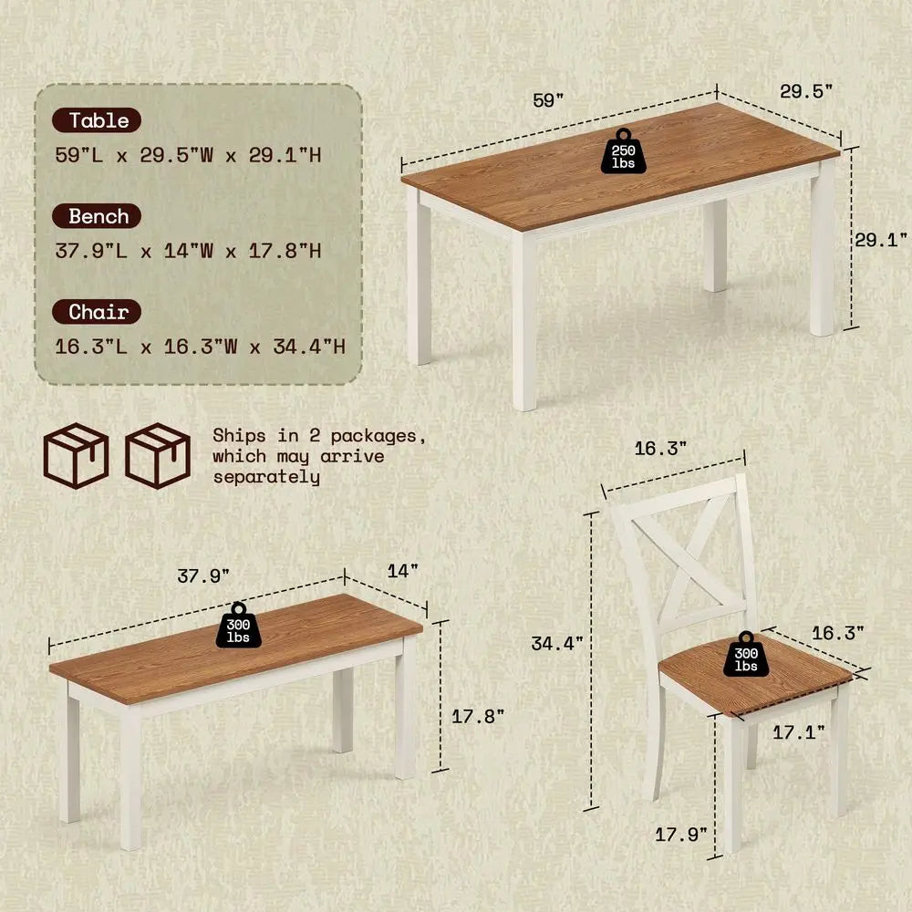 Farmhouse Dining Table Set 6 Piece With Chairs And Bench