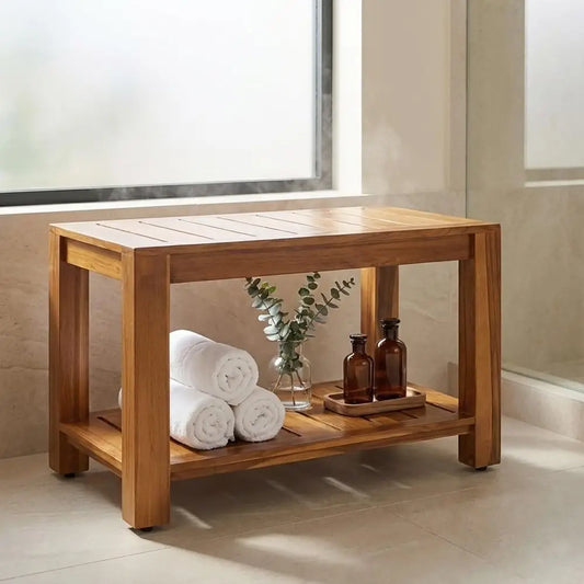 Teak Shower Bench With Shelf