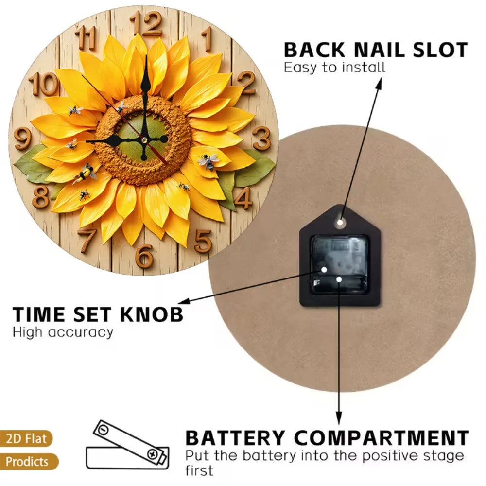 XMSJ 12 Inch Sunflower Bees Wall Clock Silent Decor