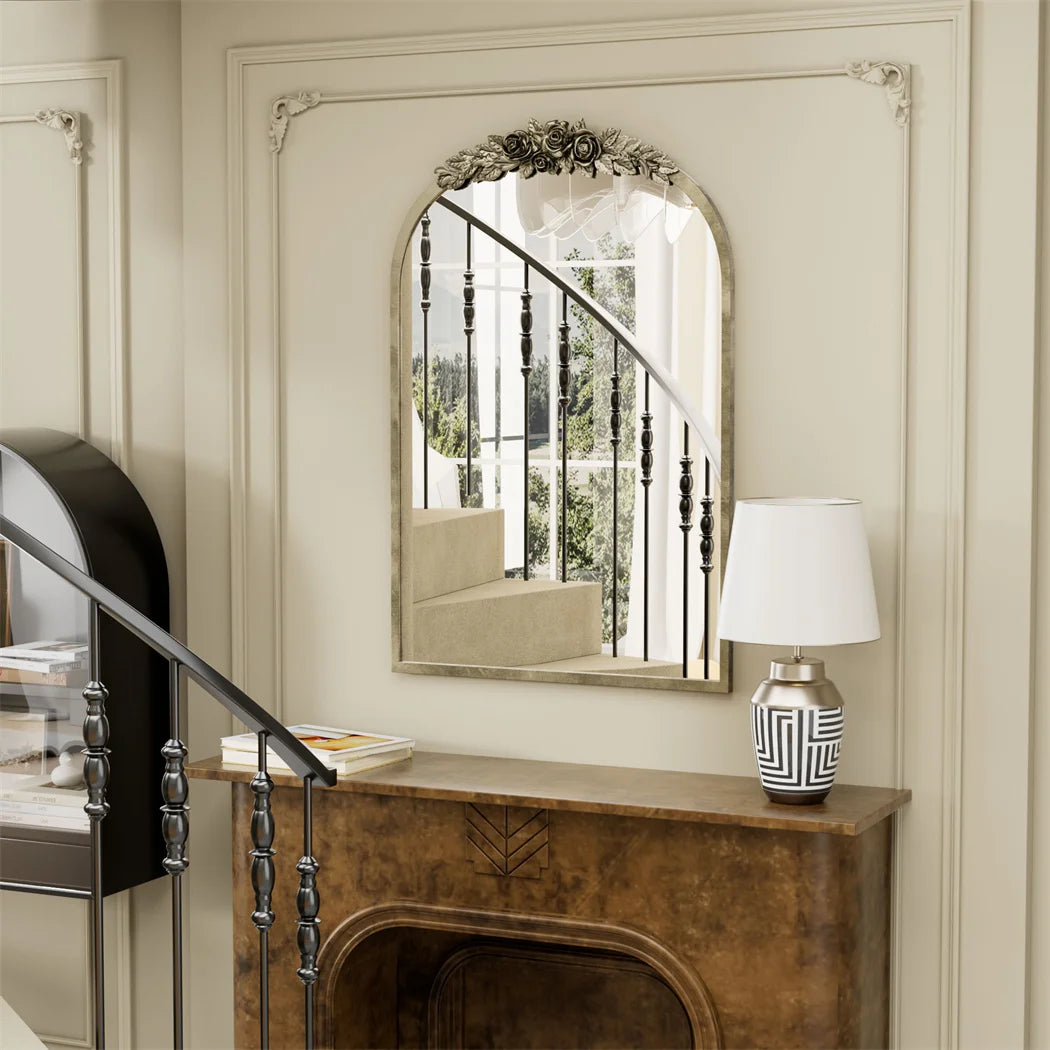 LUVODI Arched Antique Brass Wall Mirror With Resin Rose Pattern