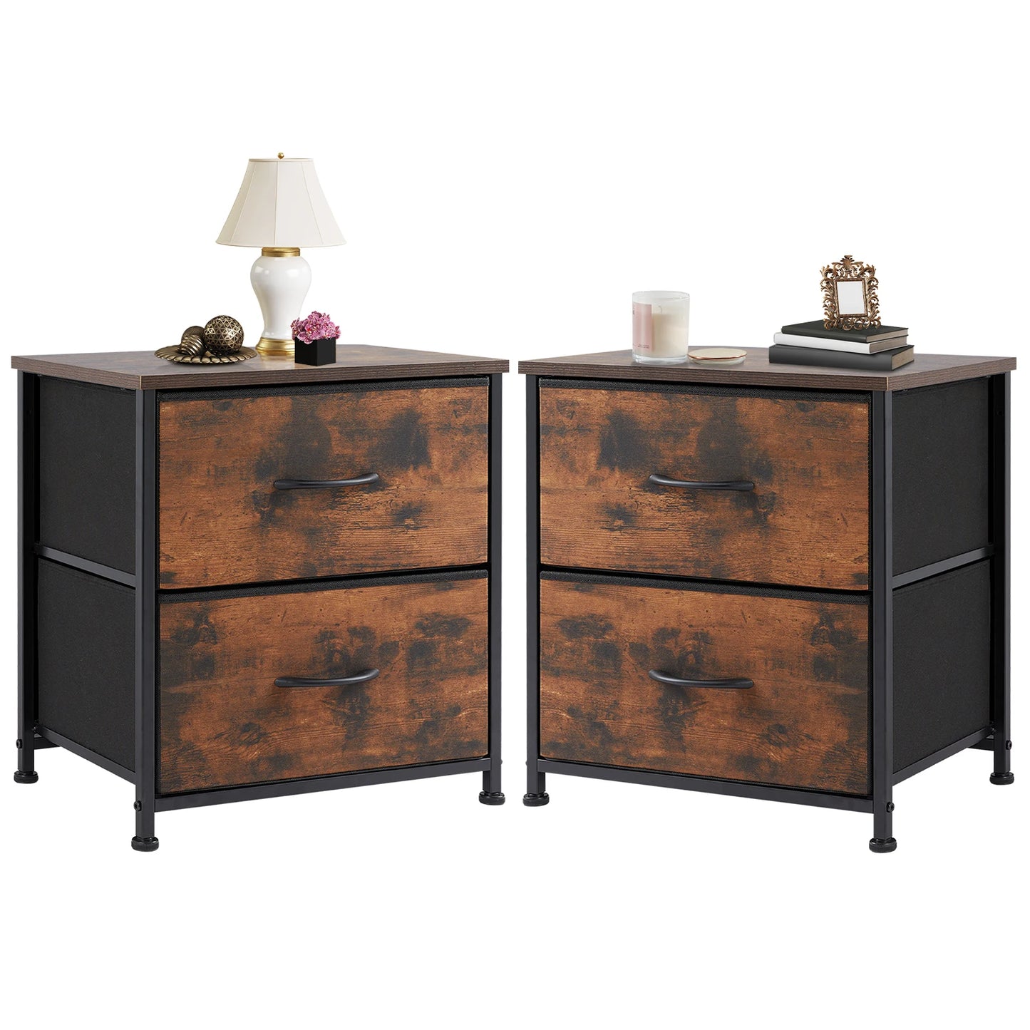 JHK Modern Nightstand With Dual Fabric Drawers And Metal Frame