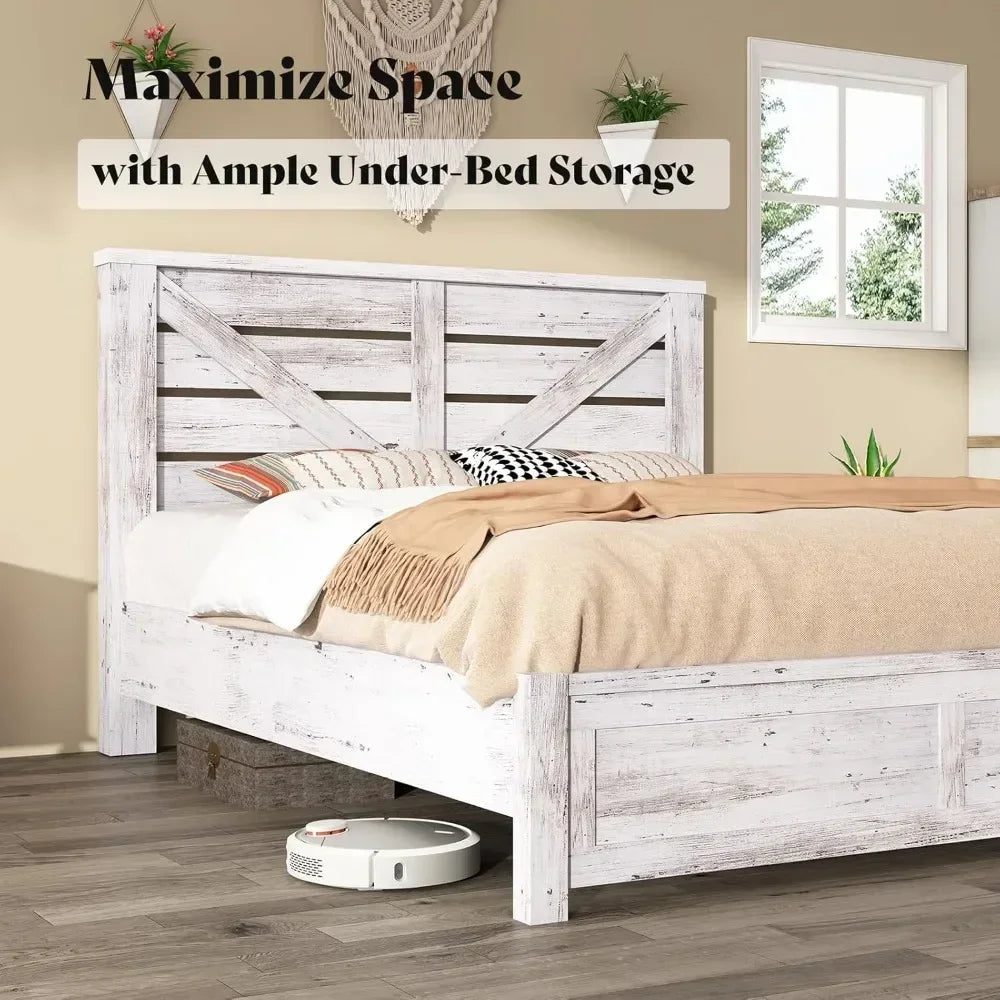 Farmhouse Bed Frame With Barn Door Headboard And Wood Slats