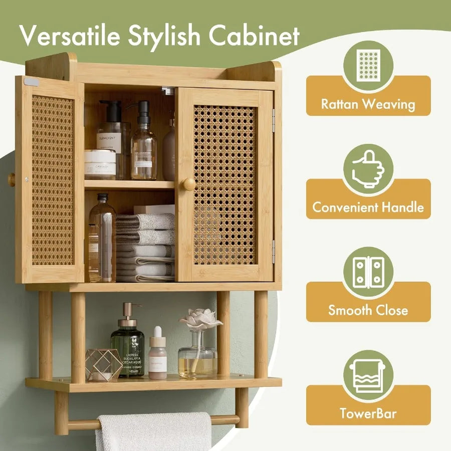 XIUWO Bamboo Bathroom Wall Cabinet With Rattan Door