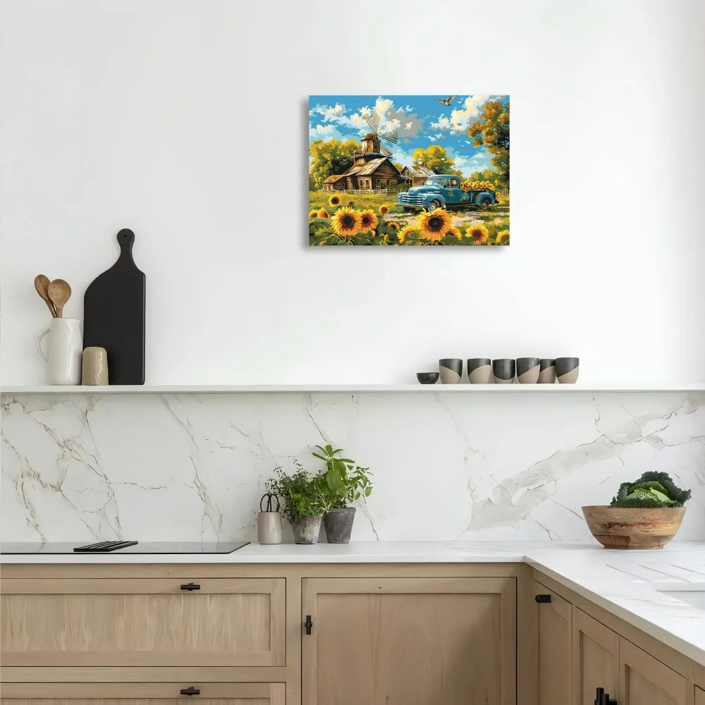 Sunflower Canvas Wall Art Blue Truck Landscape Decor