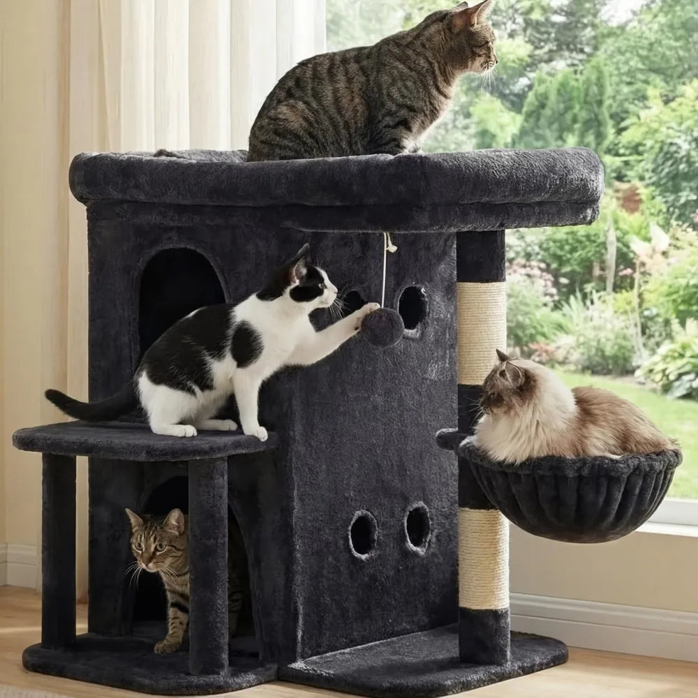 NBVCX Cat Tree With Dual Condos, Sisal Posts, Cozy Basket