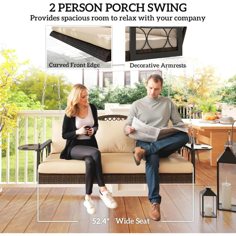 Three Person Wicker Porch Swing Chair Heavy Duty 800 Lbs Cup Holder Patio