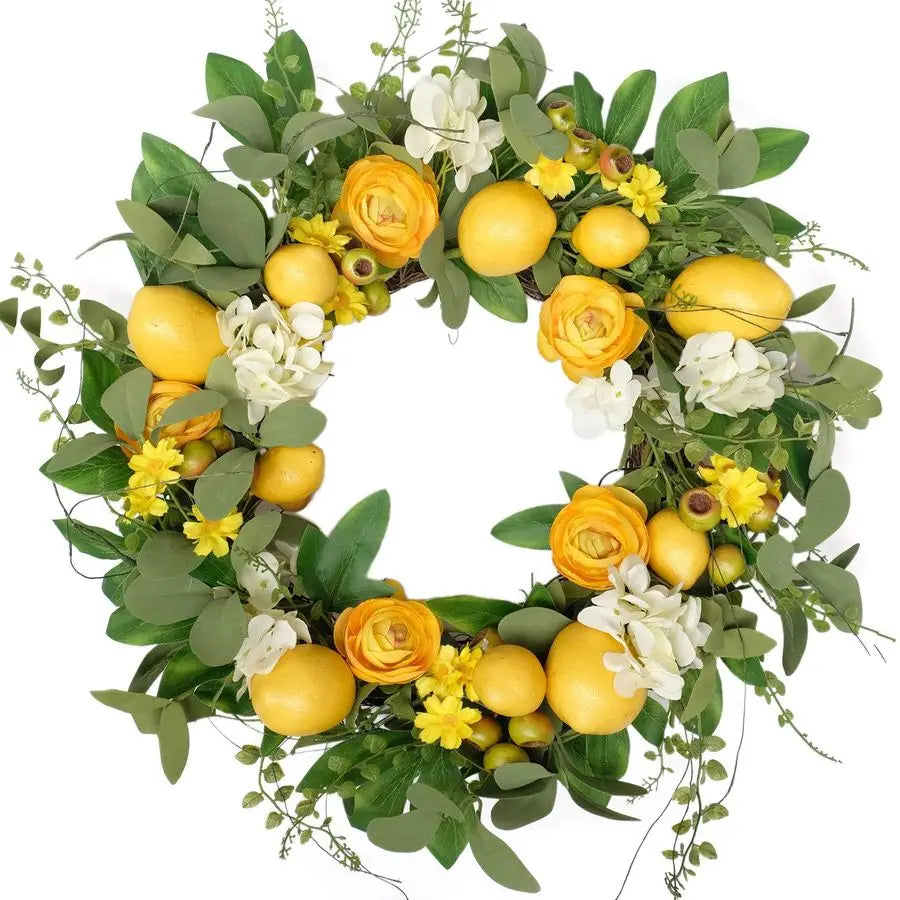 Artificial Lemon Wreath With Peony Hydrangea Berries Grapevine