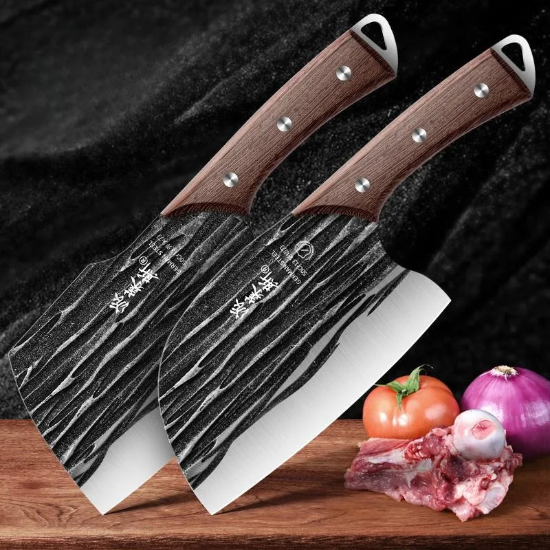 Hand Forged Hardwood Handle Cleaver Set Stainless Steel Meat Knives