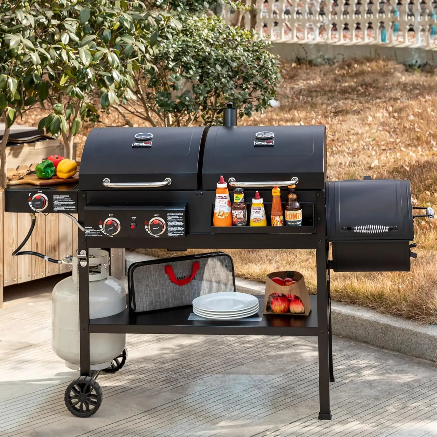 Dual Fuel Gas And Charcoal Grill With Offset Smoker And Side Burner