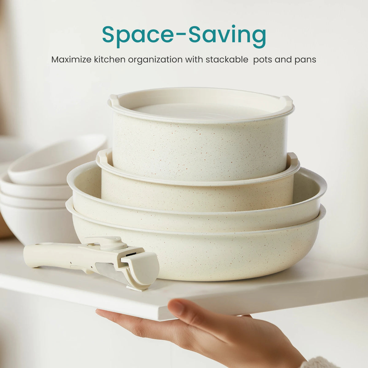Nonstick Granite Cookware Set With Detachable Handles And Glass Lids